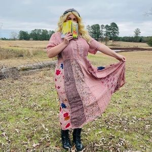 Women’s plus size 1X vintage peasant style dress pink long maxi boho